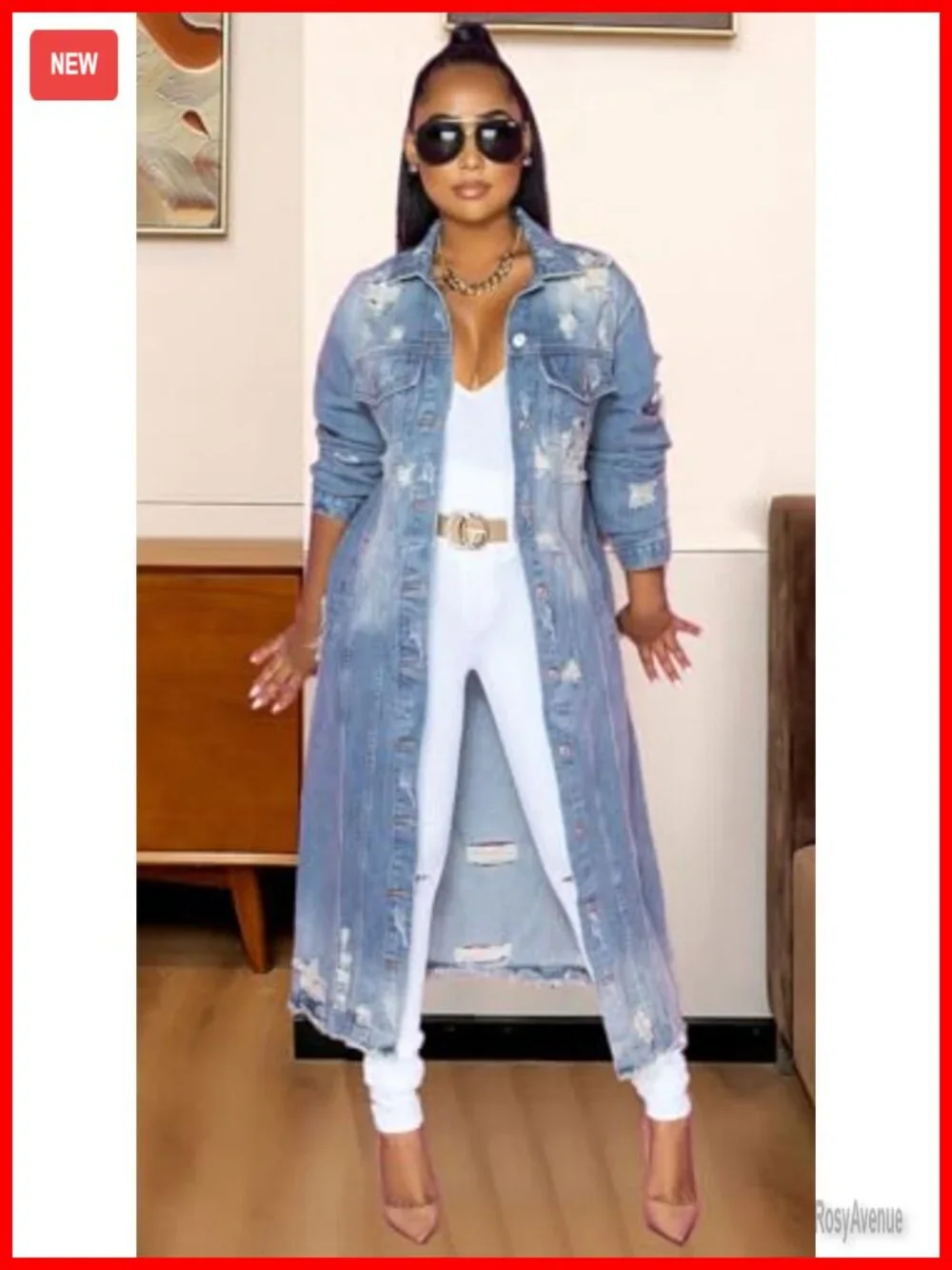 Ripped Holes Maxi Long Denim Jacket Trench Coat Spring Fashion